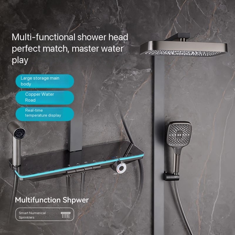 Shower Head Rain - ชุดฝักบัวอาบน้ำพร้อมไฟ Ambient สีเทา ปุ่มกดแบบเปียโน จอแสดงผลดิจิตอล ชุดระบบฝักบัวแบบเรนชาวเวอร์