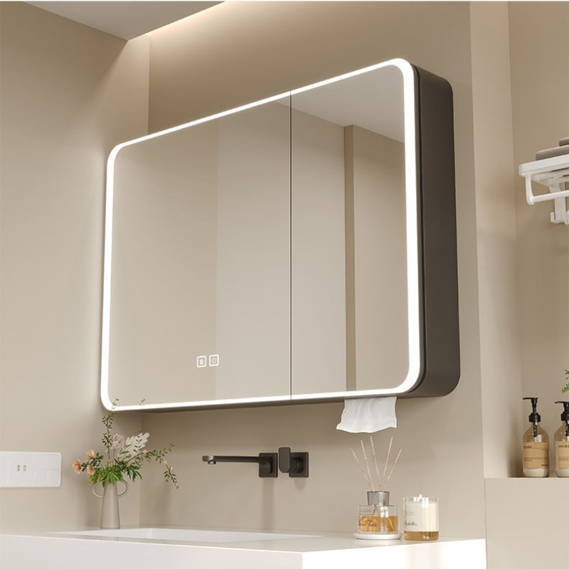Bathroom Cabinet Mirror - ตู้กระจกห้องน้ำ LED อะลูมิเนียมทรงโค้ง ชั้นวางของอัจฉริยะ ช่องใส่กระดาษทิชชู่ เซ็นเซอร์สัมผัส