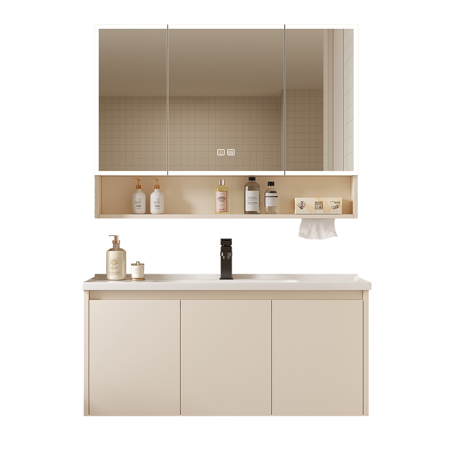 Bathroom Cabinet Mirror - ตู้กระจกอัจฉริยะสำหรับห้องน้ำ วัสดุอะลูมิเนียม ติดผนังแบบแยกส่วน พร้อมชั้นวางของและที่ใส่กระดาษทิชชู่ ยี่ห้อ Kong