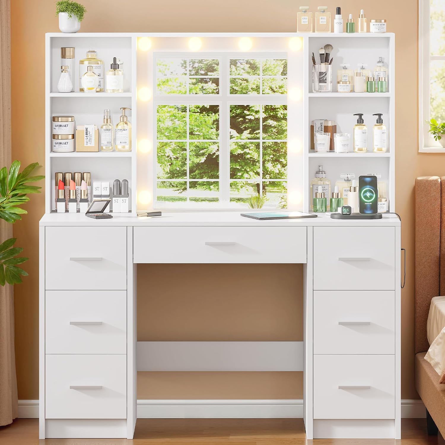 Home Outlet Bathroom Vanity - โต๊ะเครื่องแป้งขนาดใหญ่พร้อมกระจก LED และเต้าเสียบไฟฟ้า, 7 ลิ้นชักและ 6