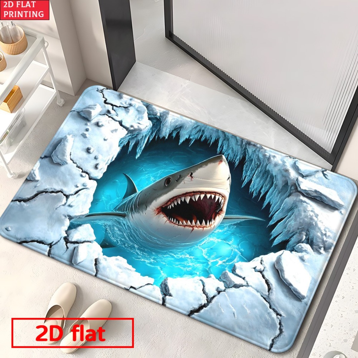 Home Bathroom Break - พรมลายฉลาม 3 มิติ กำจัดน้ำแข็งได้ ผลิตจากผ้าฟลานเนล ลายสัตว์ทะเลสมจริง