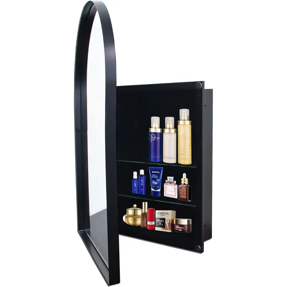 Bathroom Cabinet Mirror - ตู้ยาติดผนังทรงโค้งพร้อมกระจก สีดำด้าน ชั้นวางปรับระดับได้ ขนาด 24x36 นิ้ว