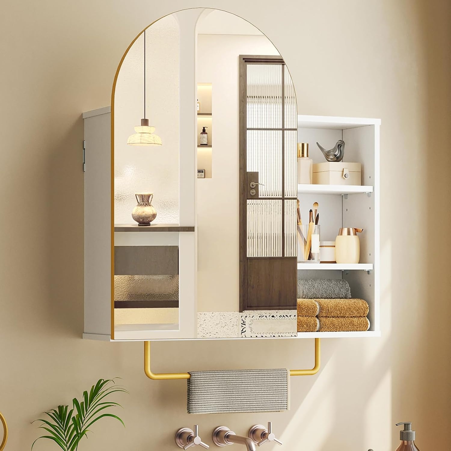 Bathroom Cabinet Mirror - ตู้ยาในห้องน้ำพร้อมกระจกและที่เก็บของ, ตู้ห้องน้ำทรงโค้งขนาด 24 x 29 นิ้ว