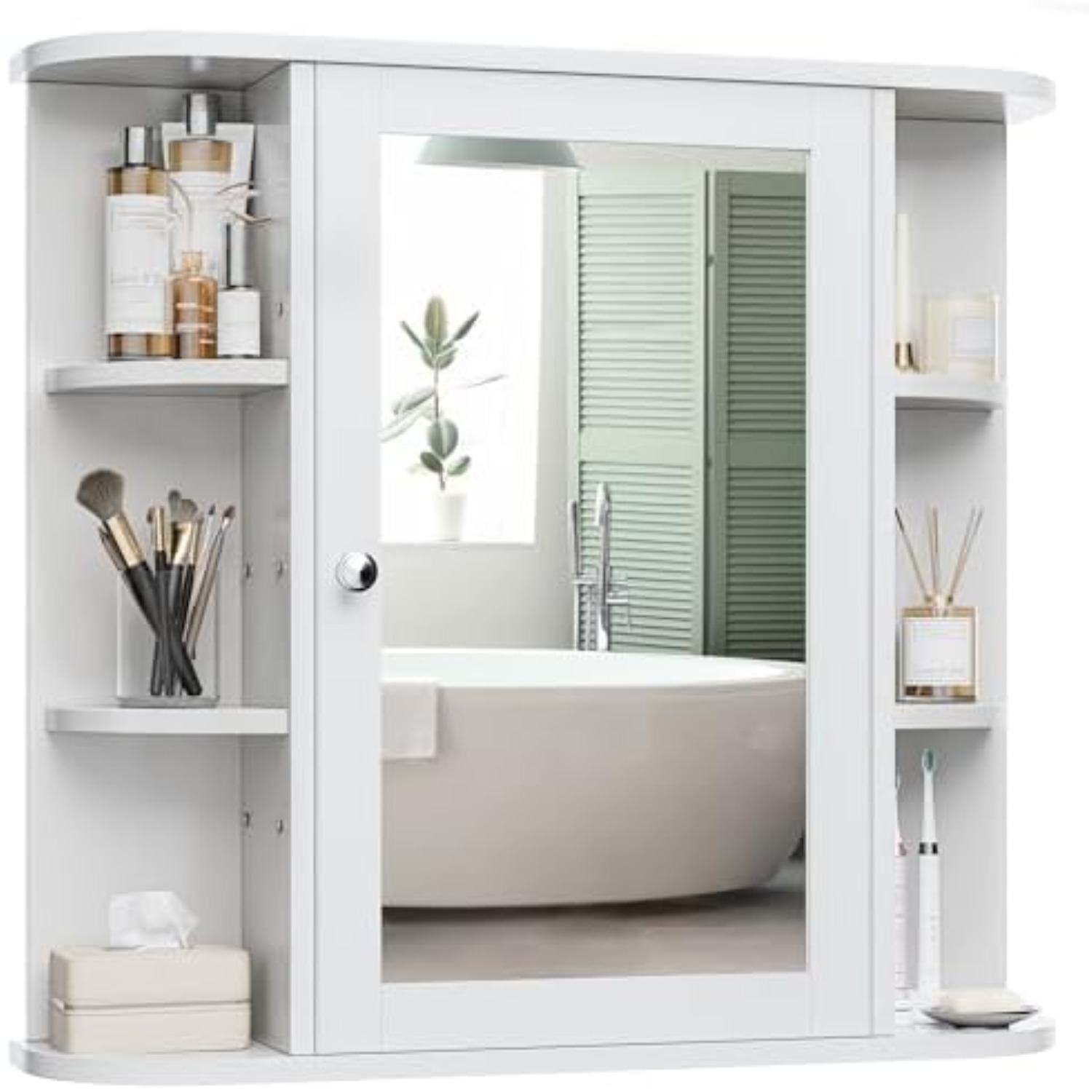 Bathroom Cabinet Mirror - ตู้ยาในห้องน้ำ, ตู้กระจกห้องน้ำติดผนังพร้อมชั้นวางแบบเปิด 6 ด้าน, ตู้ติดผนังสีขาวพร้อม