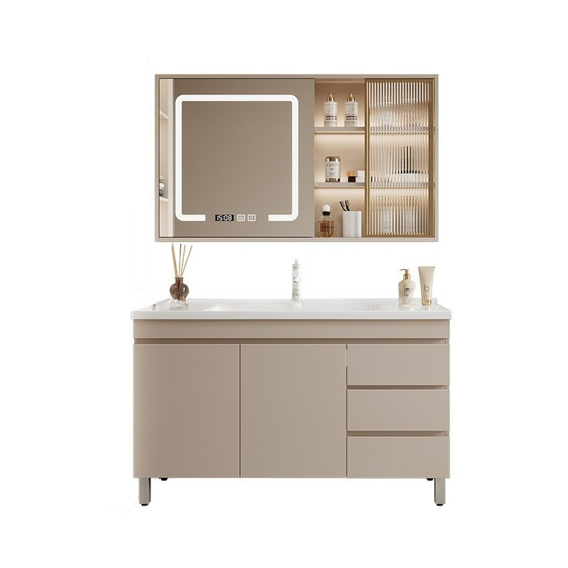 Bathroom Cabinet Mirror - ตู้ห้องน้ำไม้เนื้อแข็งแบบรวมอ่างล้างหน้าเซรามิก อ่างล้างมือ ตู้กระจกอัจฉริยะ ตู้อ่างล้างมือ