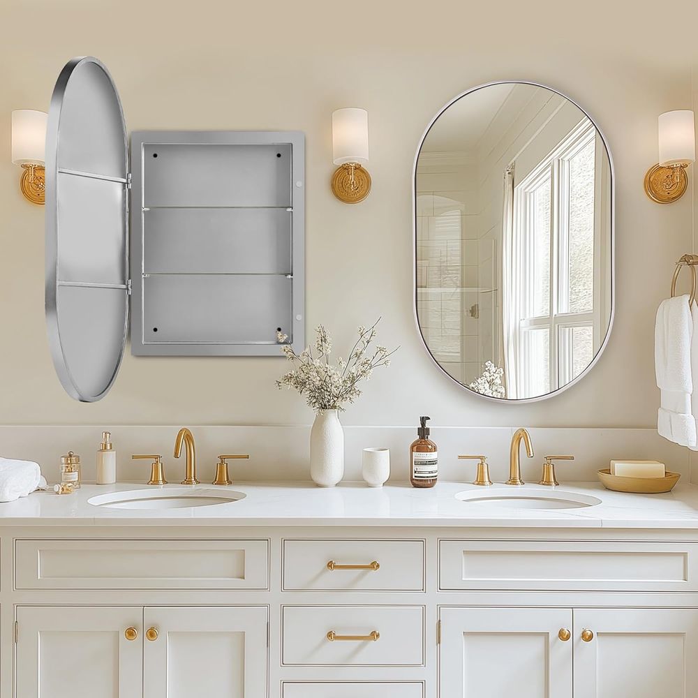 ตู้ยาในห้องน้ำแบบฝังผนังทรงรีข - Bathroom Cabinet Mirror บทวิจารณ์และราคา